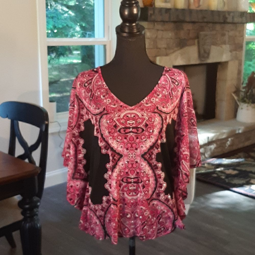 INC International Concepts Black and Pink Paisley Top